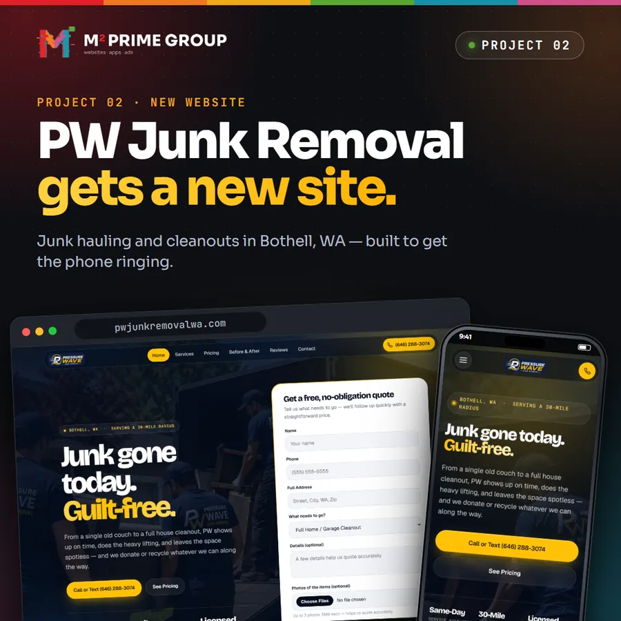 PW Junk Removal website on a laptop and a phone