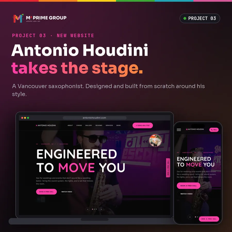 Antonio Houdini website on a laptop and a phone