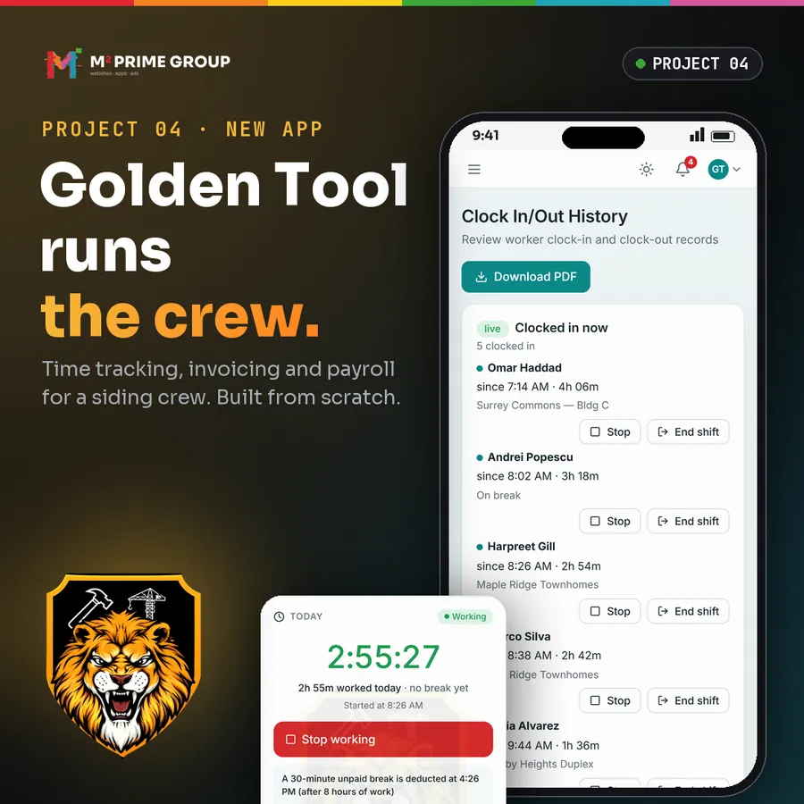Golden Tool crew app on two phones